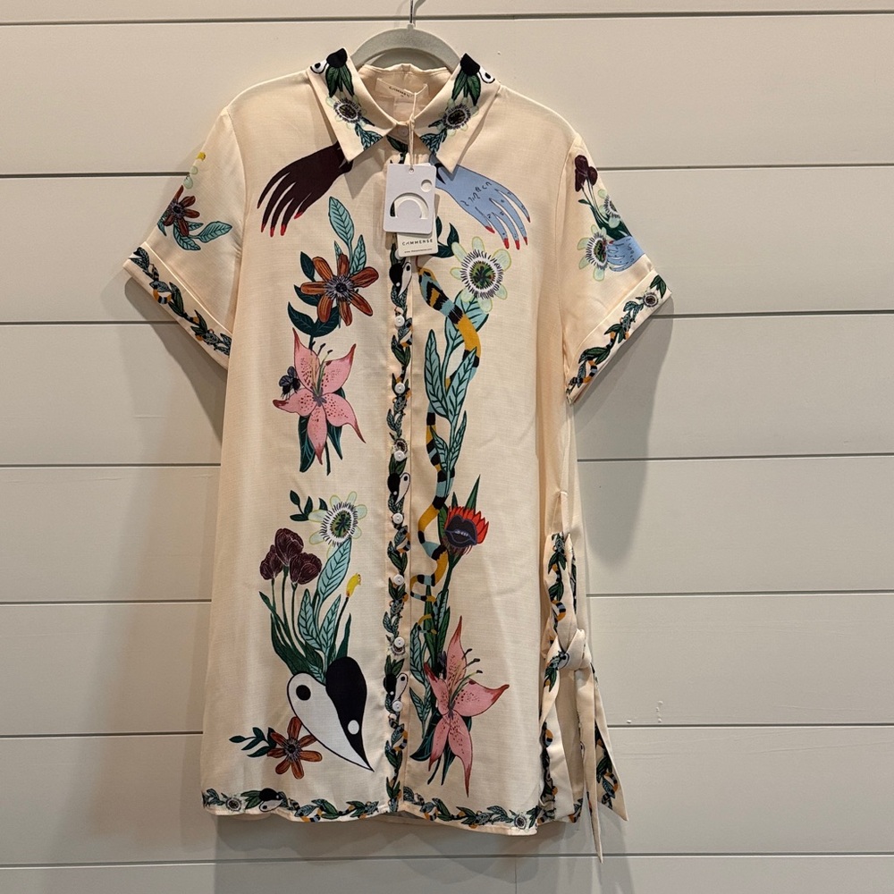 Commense Print Collared Belted Short Shirt Dress, Multicolored, NWT, Size M (6) - Picture 6 of 14